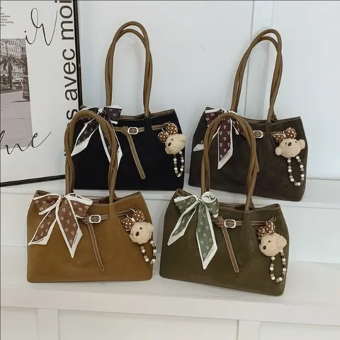 Women Large Tote Bag PU Leather Suede Texture Vintage Casual Handbag With Satin Scarf Bear Charm Shoulder Bag For Work Commute