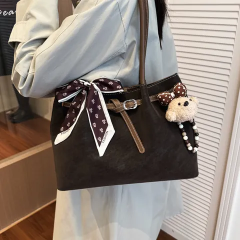 Women Large Tote Bag PU Leather Suede Texture Vintage Casual Handbag With Satin Scarf Bear Charm Shoulder Bag For Work Commute