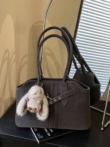 Women Retro PU Leather Large Tote Bag With Cross Strap Decor And Plush Bunny Pendant Fashion Daily Shoulder Handbag