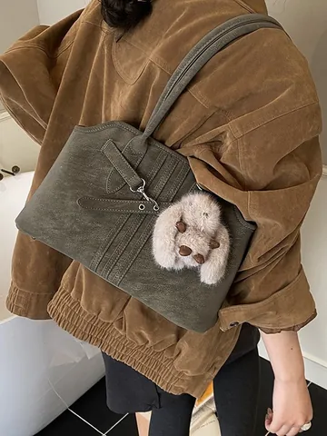Women Retro PU Leather Large Tote Bag With Cross Strap Decor And Plush Bunny Pendant Fashion Daily Shoulder Handbag