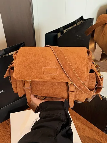 Damen Vintage Wildlederimitat Messenger Bag Retro Schnallen Schulter Umhängetasche Mit Verstellbarem Riemen Lässige Tasche