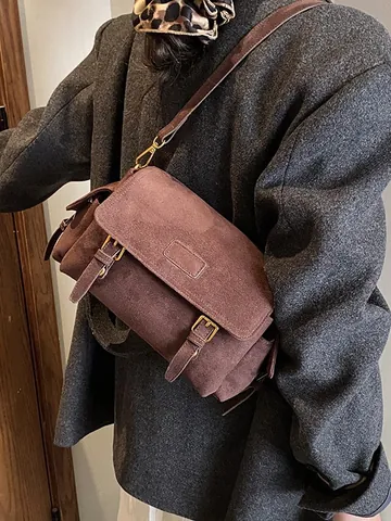 Damen Vintage Wildlederimitat Messenger Bag Retro Schnallen Schulter Umhängetasche Mit Verstellbarem Riemen Lässige Tasche