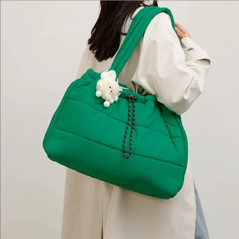 Women Large Capacity Quilted Puffer Tote Bag Nylon Padded Shoulder Bag Casual Drawstring Handbag With Plush Charm Accessory