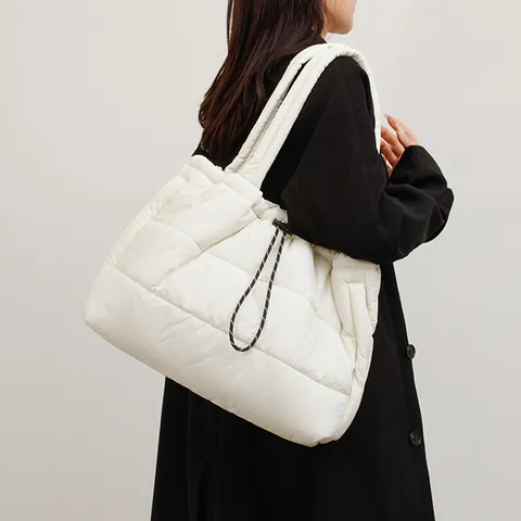 Women Large Capacity Quilted Puffer Tote Bag Nylon Padded Shoulder Bag Casual Drawstring Handbag With Plush Charm Accessory