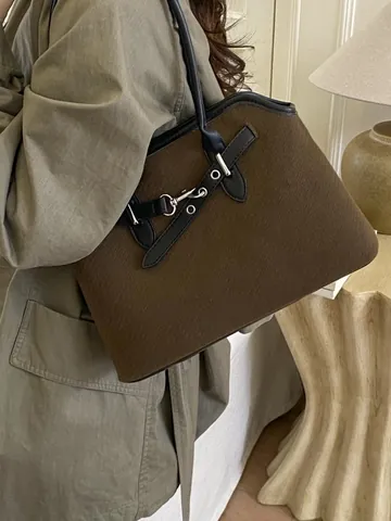 Bolso de Tela de Lana Minimalista para Mujer Bolso de Hombro Vintage con Empalme de Cuero PU Bolso de Mano Informal para Viajar de Gran Capacidad