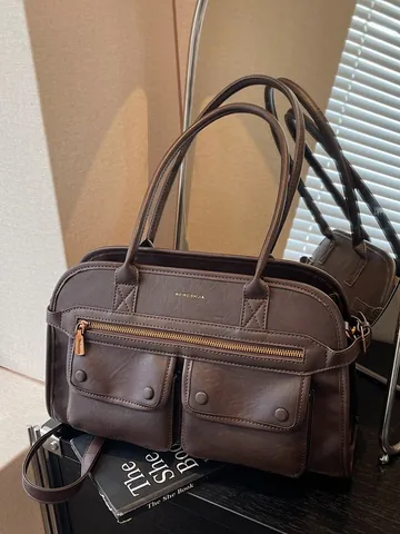 Vintage PU Leather Tote Bag For Women Large Capacity Multi Pocket Shoulder Crossbody Bag Retro Minimalist Commute Handbag