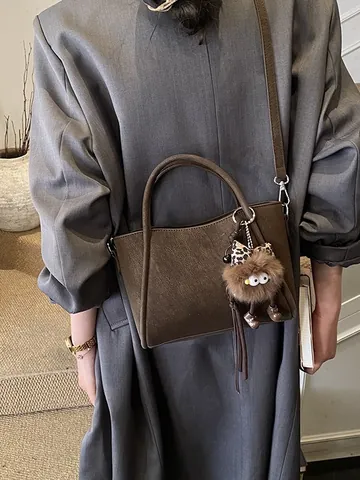 Vintage Women PU Leather Bucket Bag Minimalist Shoulder Crossbody Bag With Plush Monster Pendant Adjustable Strap Daily Tote