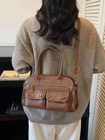 Vintage PU Leather Tote Bag For Women Large Capacity Multi Pocket Shoulder Crossbody Bag Retro Minimalist Commute Handbag