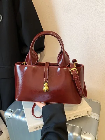Vintage Glänzende PU Leder Baguette Tasche Für Damen Koreanischen Stil Schulter Umhängetasche Mit Goldenen Flaschenkürbis Anhänger Handtasche