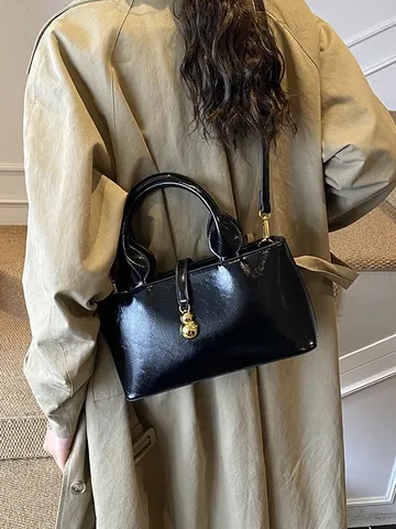 Vintage Glänzende PU Leder Baguette Tasche Für Damen Koreanischen Stil Schulter Umhängetasche Mit Goldenen Flaschenkürbis Anhänger Handtasche