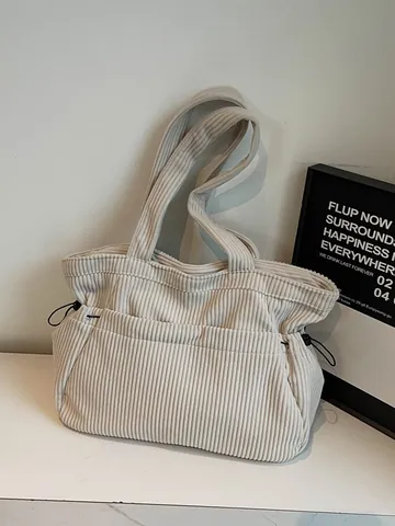 Bolso Tote de Pana para Mujer Gran Capacidad Color Sólido Bolso de Hombro Con Cordón Informal Viaje Invierno Diario