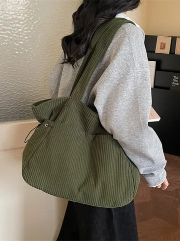 Bolso Tote de Pana para Mujer Gran Capacidad Color Sólido Bolso de Hombro Con Cordón Informal Viaje Invierno Diario