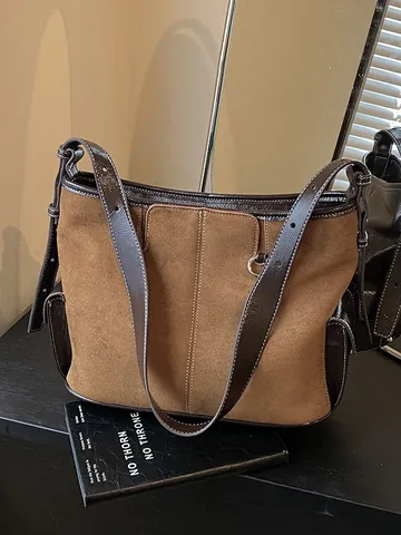 Borsa Tote in Pelle PU Effetto Scamosciato Vintage Borsa a Tracolla Grande Capacità Cinturino Regolabile Cuciture a Contrasto Donna
