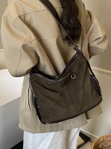 Borsa Tote in Pelle PU Effetto Scamosciato Vintage Borsa a Tracolla Grande Capacità Cinturino Regolabile Cuciture a Contrasto Donna