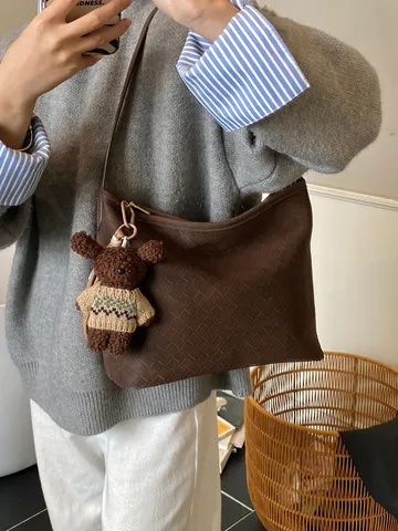 Minimalist PU Leather Woven Tote Bag For Women Solid Color Shoulder Bag With Bear Pendant Retro Commuter Handbag