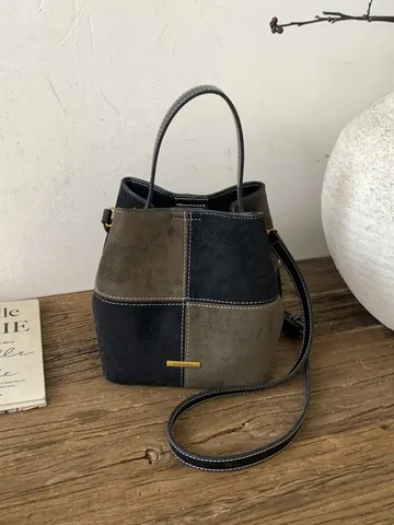 Women's Retro Color Block Suede Look Bucket Bag Contrast Stitching Patchwork Shoulder Crossbody Handbag For Daily