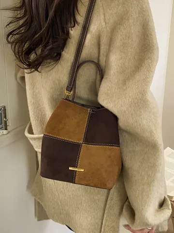 Women's Retro Color Block Suede Look Bucket Bag Contrast Stitching Patchwork Shoulder Crossbody Handbag For Daily