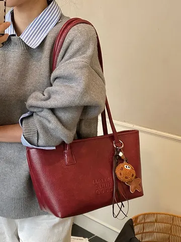 Borsa Tote da Donna in Pelle PU Vintage di Grande Capacità Con Pendente a Biscotto di Peluche Borsa a Spalla Versatile Pendolare