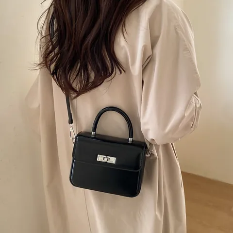 Damen Retro PU Leder Kleine Quadratische Tasche Mit Silbernem Drehverschluss Abnehmbarem Verstellbarem Schultergurt Einfarbige Handtasche Umhängetasche