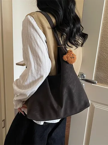 Women Vintage Velvet Tote Bag Large Capacity Minimalist Hobo Shoulder Bag With Plush Bear Pendant And Striped Ribbon For Commuting Daily