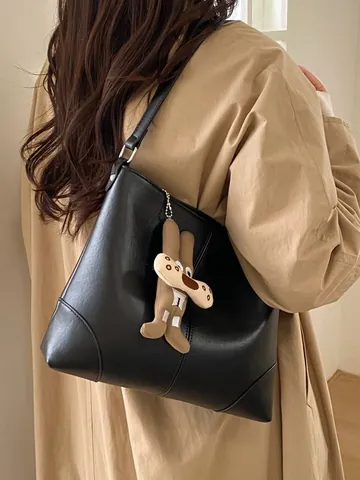Borsa Tote da Donna in Pelle PU di Grande Capacità Retrò Occidentale Minimalista Borsa a Tracolla Con Ciondolo a Coniglio per Pendolari