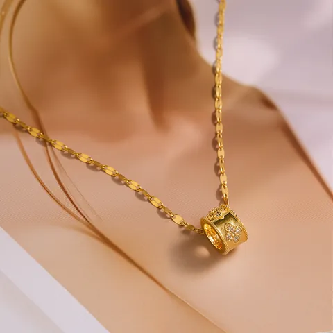 Minimalist Stainless Steel Zirconia Cylindrical Pendant Necklace For Women Gold Plated Elegant Flower Pattern Chain Jewelry