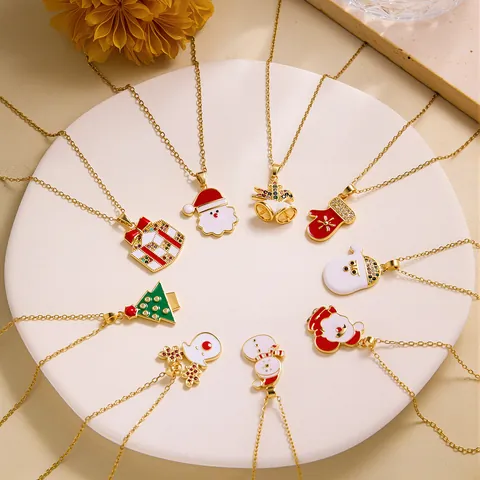 Stainless Steel Christmas Necklace Gold Plated Copper Enamel Pendant Santa Reindeer Snowman Tree Jewelry For Women Festive Party Gift
