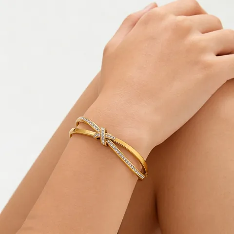 Elegant Stainless Steel Bowknot Knot Bangle For Women Zirconia Inlaid Electroplated Open Bracelet Light Luxury Jewelry Gift