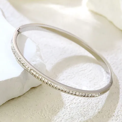 Stainless Steel Eternity Single Row Zirconia Bangle Bracelet And Ring Set For Women Luxury Gold Plated Channel Setting Jewelry
