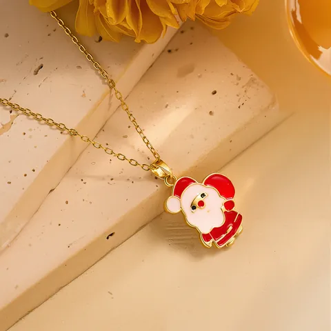 Stainless Steel Christmas Necklace Gold Plated Copper Enamel Pendant Santa Reindeer Snowman Tree Jewelry For Women Festive Party Gift