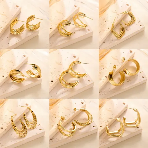 Modern Multi-layer Geometric 304 Stainless Steel Stud Earrings Gold Plated Twisted Lattice C-shape Earrings Jewelry For Women