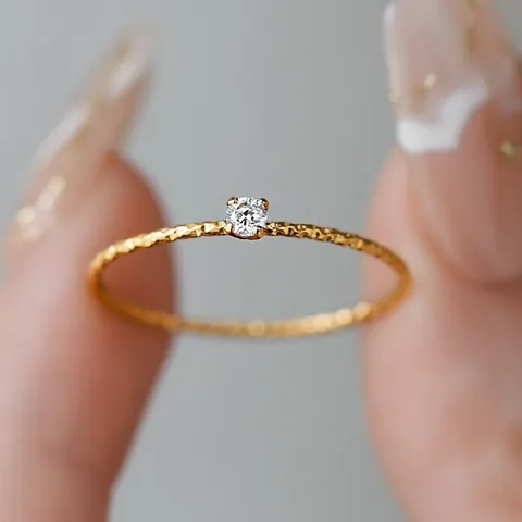 Minimalist 18K Gold Plated 316L Stainless Steel Ring For Women Tiny Zirconia Hammered Texture Thin Finger Ring Jewelry