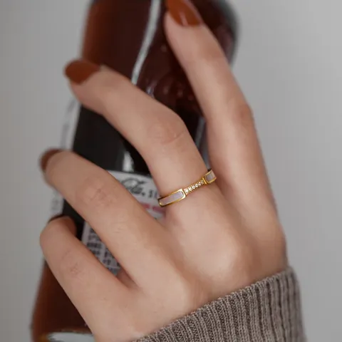 Luxury Stainless Steel White Shell Ring For Women Gold Plated Zirconia Geometric Finger Ring Jewelry Gift Wedding Party