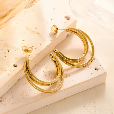 Modern Multi-layer Geometric 304 Stainless Steel Stud Earrings Gold Plated Twisted Lattice C-shape Earrings Jewelry For Women