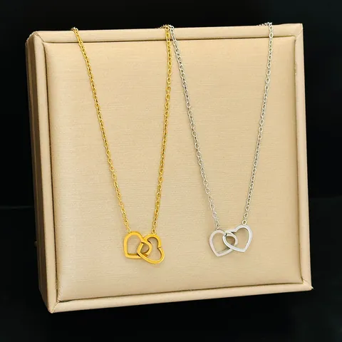 Interlocking Double Heart Pendant Necklace Titanium Steel Elegant Clavicle Chain Romantic Jewelry Gift For Women
