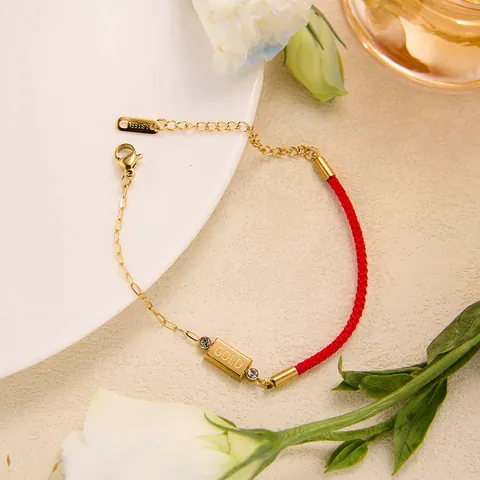 Stainless Steel Gold Bar Red Rope Bracelet For Women Cubic Zirconia Asymmetrical Design Hand Jewelry Lucky Charm Gift