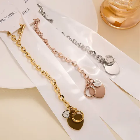 Edelstahl Herz Knebel Armband Für Damen Voll Strass Herz Anhänger Kette Armband Halskette OT Verschluss Mode Schmuck