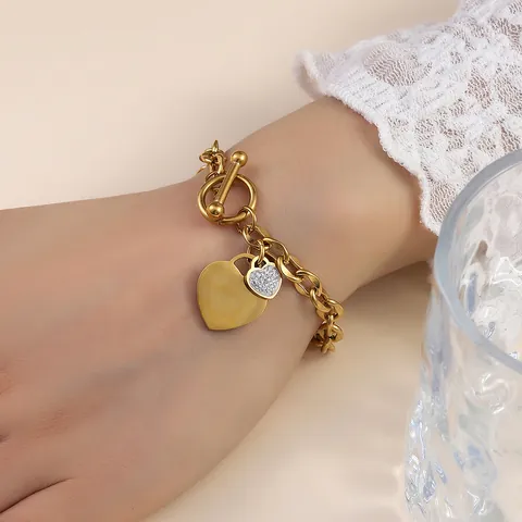 Titanium Steel Heart Zircon Bracelet Women Gold Silver Plated Toggle Clasp Thick Chain Minimalist Fashion Jewelry Gift
