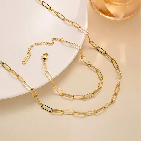 Ensemble Collier et Bracelet Chaîne Trombone en Acier Inoxydable Minimaliste Plaqué Or PVD Bijoux de Mode Géométriques