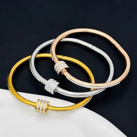 Minimalist Titanium Steel Bangle Bracelet For Women With Inlaid Zircon Triple Ring Waistline Design Elegant Jewelry