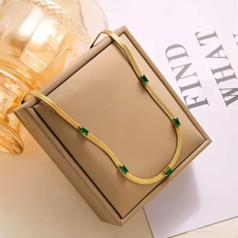 Vintage Stainless Steel Green Zircon Necklace And Bracelet PVD Gold Plated Herringbone Snake Chain Emerald Cut Jewelry For Women