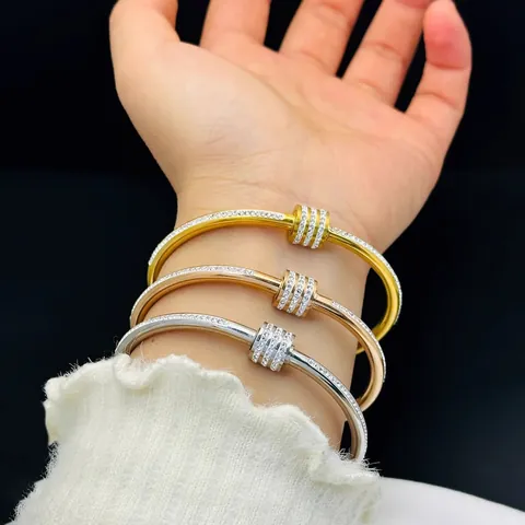 Minimalist Titanium Steel Bangle Bracelet For Women With Inlaid Zircon Triple Ring Waistline Design Elegant Jewelry