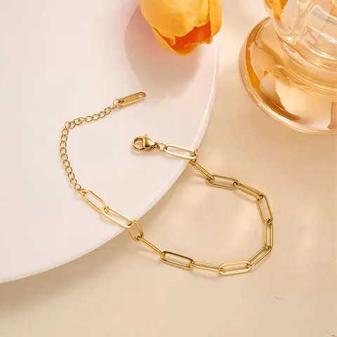 Ensemble Collier et Bracelet Chaîne Trombone en Acier Inoxydable Minimaliste Plaqué Or PVD Bijoux de Mode Géométriques
