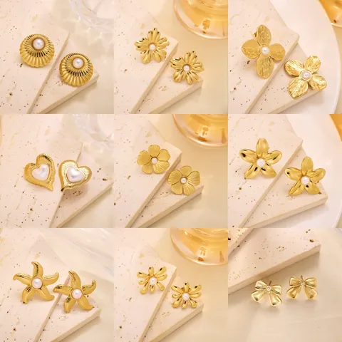 French Vintage Artificial Pearl Flower Stud Earrings For Women Stainless Steel Gold Silver Plated Heart Starfish Elegant Jewelry