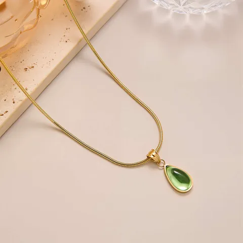 French Style Titanium Steel Green Teardrop Pendant Necklace Elegant Gold Silver Snake Bone Chain Women Jewelry Gift