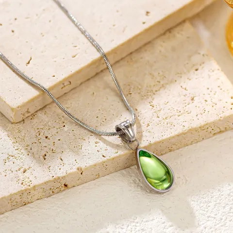 French Style Titanium Steel Green Teardrop Pendant Necklace Elegant Gold Silver Snake Bone Chain Women Jewelry Gift