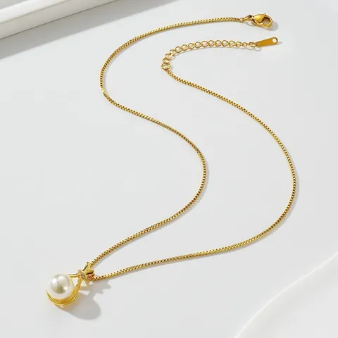 Chinese Style Lucky Bag Pendant Necklace Stainless Steel Titanium Steel Gold Plated Zirconia Faux Jade Artificial Pearl Clavicle Chain Jewelry For Women