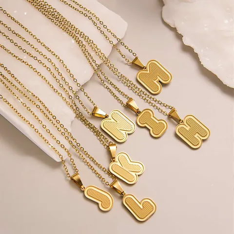 Gold Stainless Steel Ribbed Alphabet Letter Pendant Necklace 3D Textured English Initial O Chain Personalized Jewelry Women