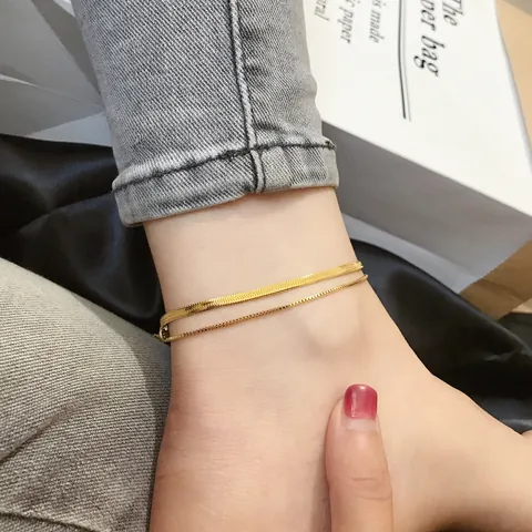 316L Titanium Steel Double Layer Anklet Bracelet For Women Gold Plated Snake Bone Box Chain Adjustable Foot Jewelry