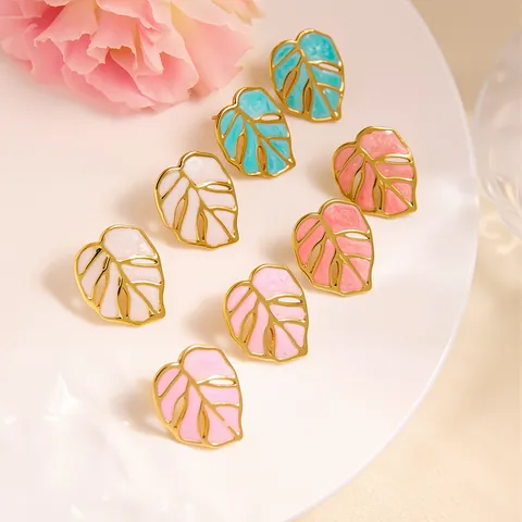 Monstera Leaf Stainless Steel Stud Earrings For Women Gold Plated Enamel Drip Oil Tropical Plant Style Hollow Leaf Jewelry Lightweight Waterproof Hypoallergenic Earring